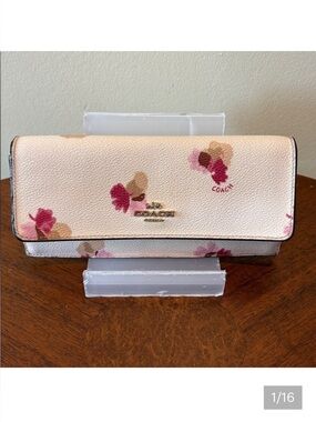 COACH Floral Continental Wallet long wallet coated canvas Pink Tan Cream goldton